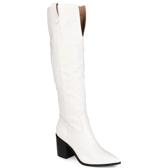 Journee Collection Women Therese Cowgirl Boots Size US 8.5M Wide Calf Bone Croco - Picture 1 of 5